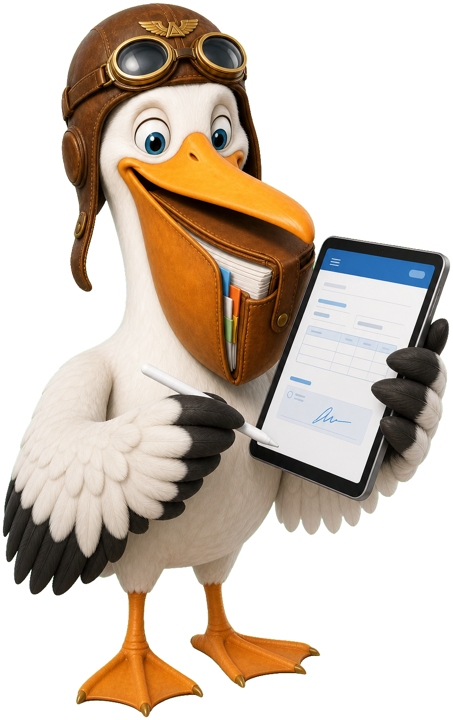 Logny — AMS pelican mascot signing a digital logbook on a tablet